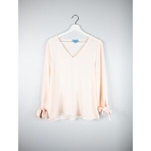 CeCe Women's Solid Long Sleeve V-Neck Tie Cuff Blouse - Light Pink - SZ M